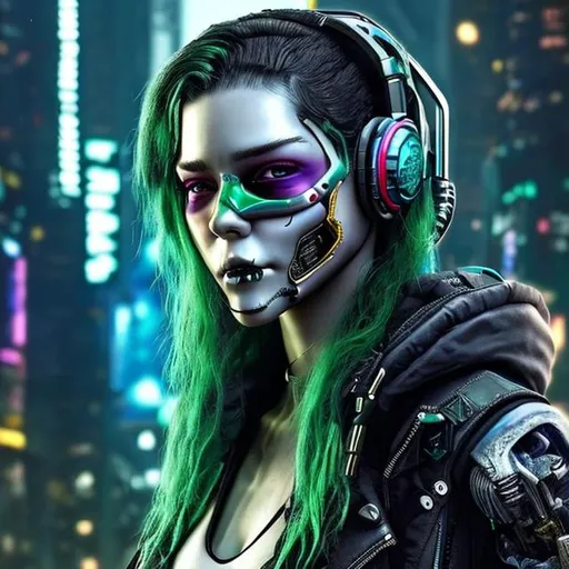 Prompt: hyper realistic extremely detailed cyberpunk woman.
She has green hair, headphones and a mask with a skull drawing on it cover her mouth

