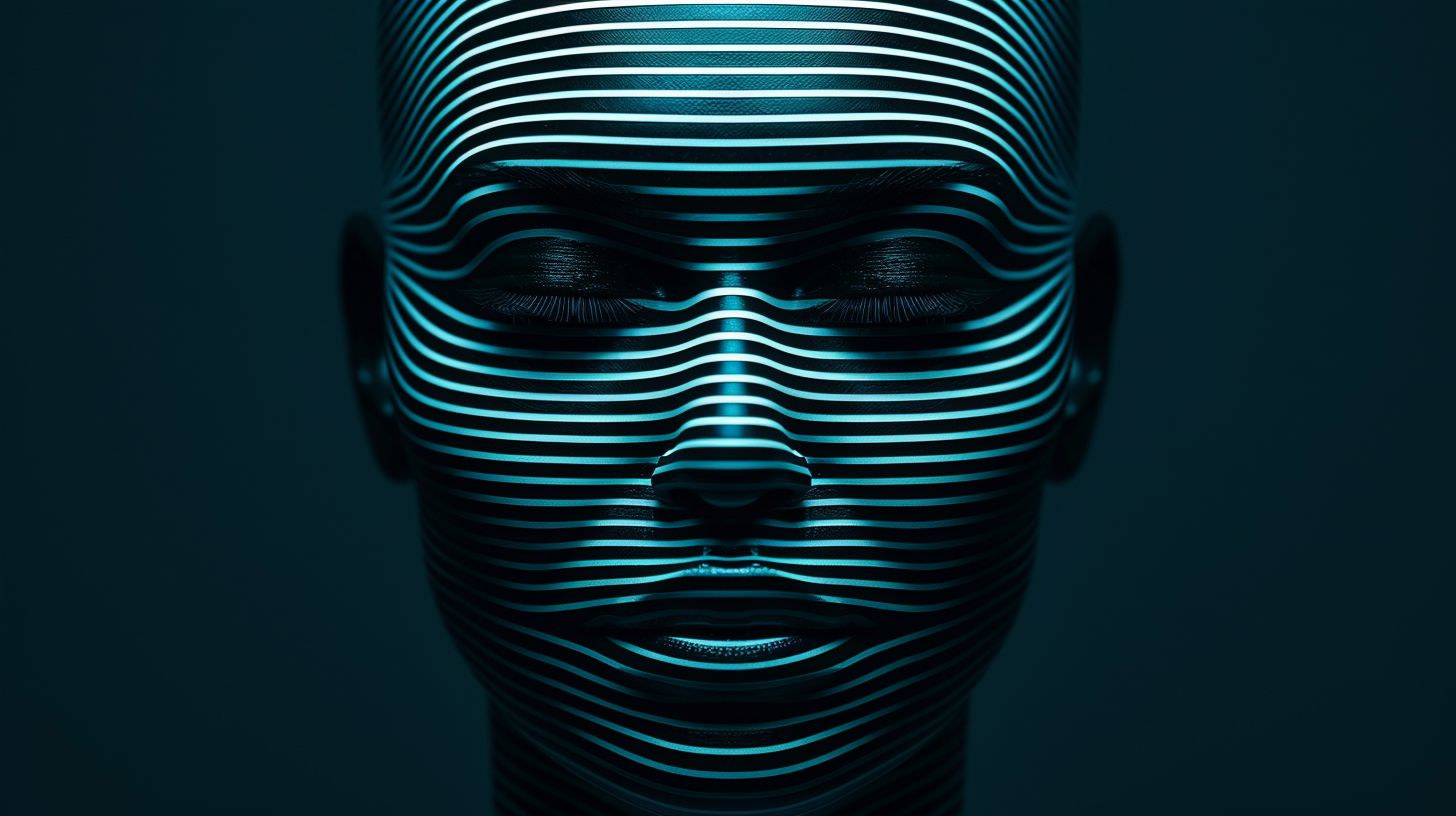 Prompt: person, face with lines, hologram, unsplash, abstract, light through blinds, profile image, the ghosts in the machine, three-dimensional, op, brain, high resolution, shadowed, light silver and dark navy, mind-bending patterns, futuristic robots