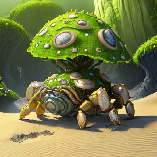 Prompt:  Metal shell crab character ,Zahara, clouse-up,
 hyperrealistic, photorealistic, ultra-detailed, intricate details, unreal engine, octane render, bioma of sand, cavern in the sand   and amazing landscape ,rocks and gigant green fern, 4k. A vine covered tutor in the style of alexander jansson and gediminas pranckevicius mystical, magical, bloosom, volumetric lighting.