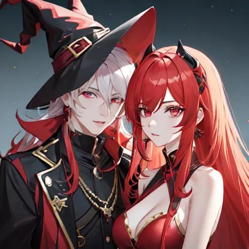 Prompt: Zerif 1male (Red side-swept hair covering his right eye)and Haley dressed up for Halloween, UHD, 8K, Highly detailed, insane detail, best quality, high quality, anime style, 