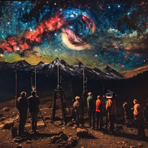 Prompt: People looking through telescopes in the mountains at night.
Dark oil painting style. 