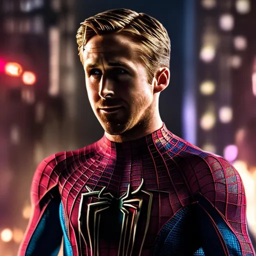 Prompt: Ryan Gosling as Ben Reily Spiderman 
4k image with a live action suit