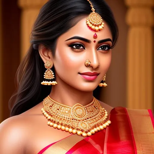 Prompt: long shot super detailed lifelike illustration, intricately detailed, dramatic lighting, large muscles, gorgeous detailed face, wearing saree, girl with traditional look, elegant. godess, beautiful, loving,