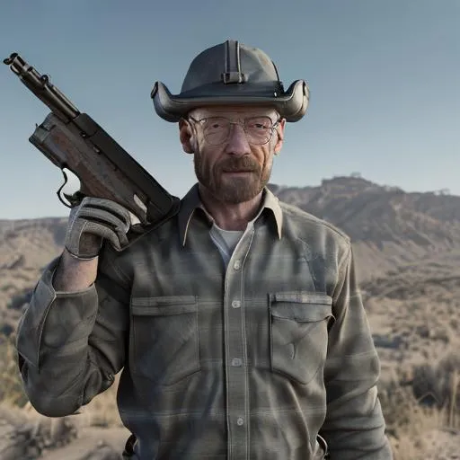 Prompt: walter white holding ak-47 and pistol