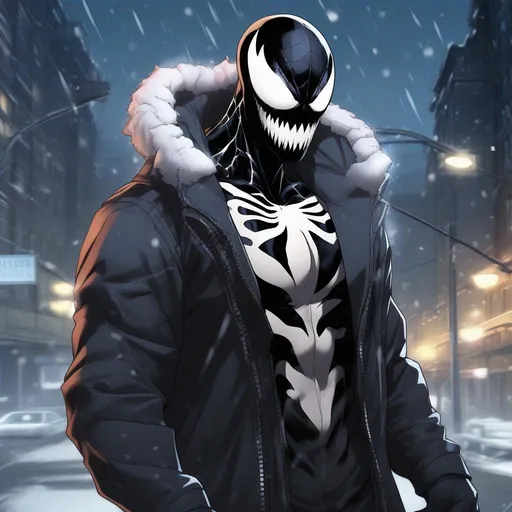 Prompt: Sexy, Anime Style Venom symbiote, wearing an open winter jacket, snowy background with street lights, clouds, and buildings.
