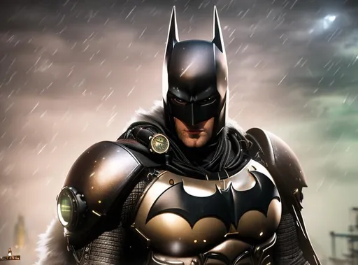 Prompt: extremely realistic, hyperdetail, Steampunk Batman on top of a clockwork tower, stormy, rain, lighting storming dowm, RPG, D&D, highly detailed face, highly detailed eyes, full body, whole body visible, full character visible, soft lighting, high definition, ultra realistic, unreal engine 5, 8K, digital art