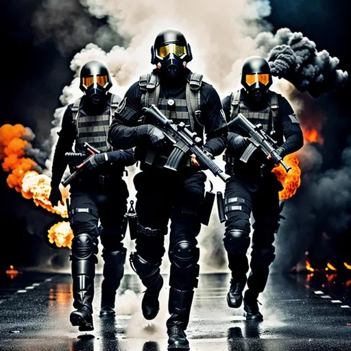 Prompt: Several mordern male black color with gas mask black, running with guns, background  battle in florest, Highly Detailed, Hyperrealistic, sharp focus, Professional, UHD, HDR, 8K, Render, electronic, dramatic, vivid, pressure, stress, nervous vibe, loud, tension, traumatic, dark, cataclysmic, violent, fighting, Epic.