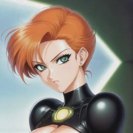 Prompt: 90s anime style, detailed, intricate face, detailed eyes, gentle tones, futuristic theme, 90s tones, beautiful woman, short orange hair, gowing green eyes, black pupil's 