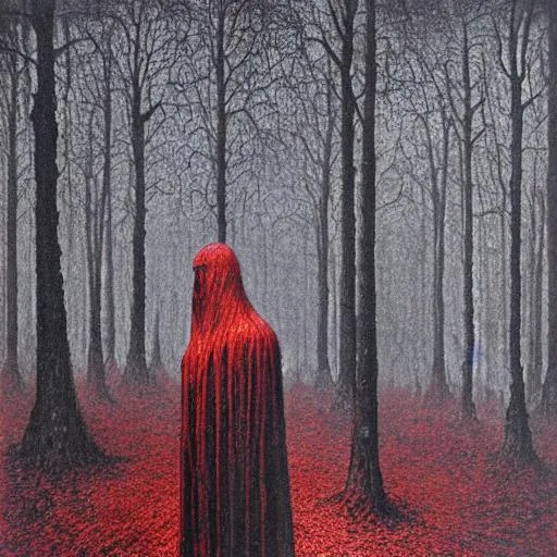 Prompt: A cloaked figure walking through a nightmarish forest of flesh and bones in agony, by Zdzisław Beksiński, dripping red oil, intricate, corpses, decay, despair, nightmare, haunting, rot, cursed, pain, suffering, torment, dreadful, surrealism, hyperrealism