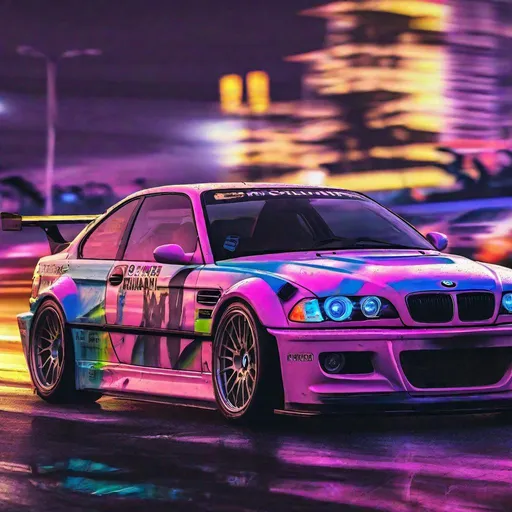 Prompt: 2001 BMW M3 E46 GTR, synthwave, aesthetic cyberpunk, miami, highway, dusk, neon lights, coastal highway, dusk, neon lights, coastal highway, sunset, drift, nurburgring, water on the road, blade runner, 64k, watercolor, macro sharp focus, 8, hyper realistic, cinematic, highly detailed, photoraelistic, clean, formula drift, burnout, simetric