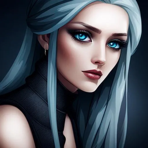 Prompt: A mournful woman in a  dark color scheme but with very blue eyes , sad eyes, facial closeup