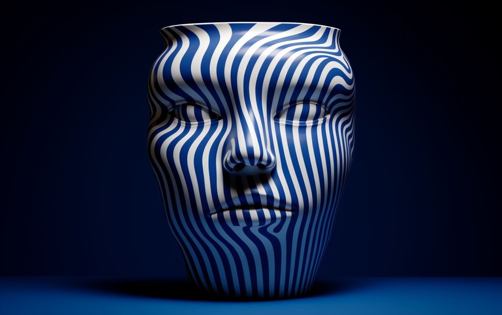 Prompt: 3D striped design with vase, vase featuring a vase, and face on it, in the mood of rafael silva, sleek waves and arches, meticulously detailed landscapes, running ink, deep sapphire, sophisticated, expressive eyes, intense obliques