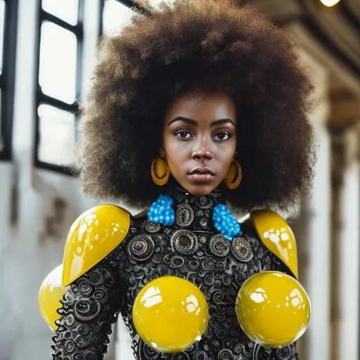 Prompt: Beautiful black woman with curly afro standing tall and slim with yellow leather armor long neck and shaped like a lightbulb. She wears blue boots. Eyes shaped like marbles and skin tone is black and white 