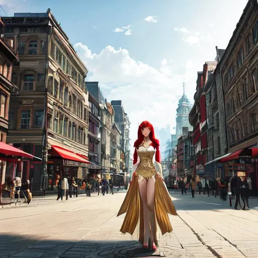 Prompt: Jisoo, girl, red hair, gold eyes, full body, married dresses, city with buildings, high resolution, realistic art, ultra detailed face, concept art, high quality, detailed, best quality 8kconcept art, matte painting, HQ, 4k