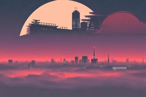 Prompt: Multiple layers of silhouette {Tokyo city}, with silhouette of {Sailor Moon's Moon}, sharp edges, at starry dawn, with fog in air, vector style, horizon silhouette Landscape wallpaper by Alena Aenami, firewatch game style, vector style background