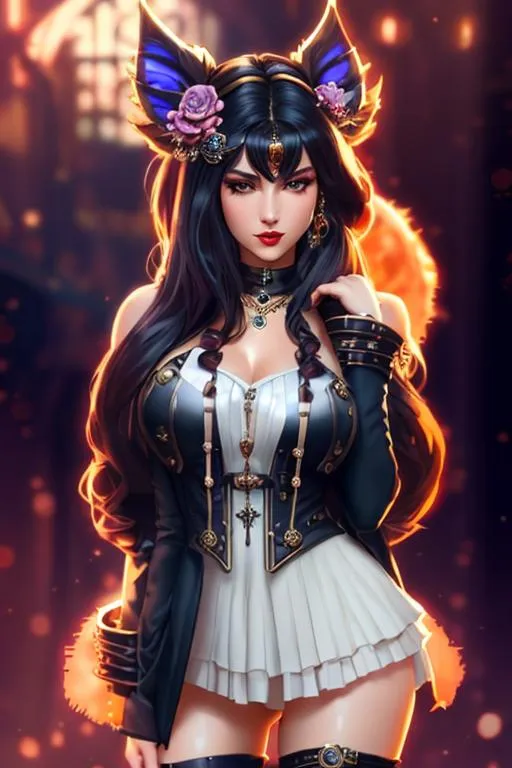Prompt: ((Masterpiece)), steampunk female, messy long hair, stylized, red lips, silver necklace, full body, d & d, fantasy, intricate, elegant, highly detailed, digital painting, artstation, concept art, matte, sharp focus, illustration, hearthstone, art by artgerm and greg rutkowski and alphonse mucha, 8k, HDR, UHD,  <lora:epiNoiseoffset_v2:0.8>