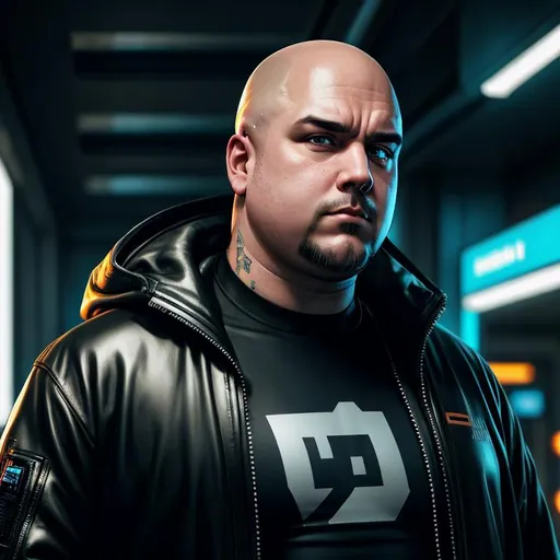 Cyberpunk, Fat White Man, Bald head, Goatee, glarin...