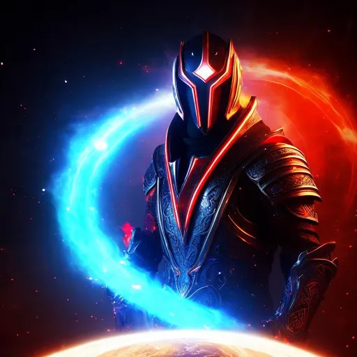 Prompt: Mask, red metal, red energy visor, blue energy orb on side, white hair sticking out, black metal on temples, red accents, red glow from eye area, Middle age, male, techno armor, red armor, glowing blue orb in chest, frost energy coming from orb, energy coming from orb, orb in chest looks like rock, white hair, white full beard, black in armpit area, short white hair, frost energy coming from hands, frost coming off of hands, blue energy rising off of hands, futuristic armor, red iron plates on armor, black and blue cloth under armor, red shoulder plates, red leg guards, red arm guards, red boots, ice, frost , snow, blizzard, orange lights in armor, orange ring around orb, orange energy from chest.