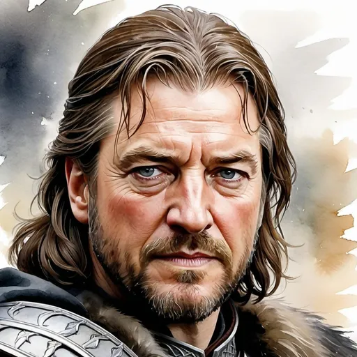 Prompt: an aquarelle illustration of Eddard Stark as he is described in the song of ice and fire books, "Eddard has a long face[10] and long brown hair.[11] His closely-trimmed beard is beginning to grey, making him look older than his thirty-five years.[11] His dark grey eyes[11] reflect his moods, turning soft as fog or hard as stone.[12] Eddard is shorter and less handsome than his older brother Brandon had been, according to Catelyn Stark; however, she also states that Ned has a "good sweet heart beneath his solemn face".[13] He keeps faith with the old gods.[1] He is fiercely protective of his wife and children, whom he loves deeply. Eddard is known for his unwavering sense of honor[14][15] and justice and his family finds him kind, although some consider his reserved personality a sign of coldness and disdain.[16] Among his enemies, Eddard has the reputation of having cold, judgmental eyes[17] thought to reflect his frozen heart.", hcr, uhd, very detailed, cinematic