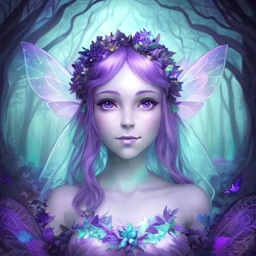 Prompt: an ethereal fairy goddess,dreamscape , night forest background, pastel aqua and purple, facial closeup