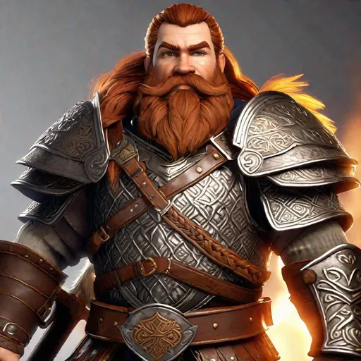 Prompt: Photorealistic image of a Dwarven fighter with war axe wearing half-plate armor, auburn wavy hair and a full, braided beard