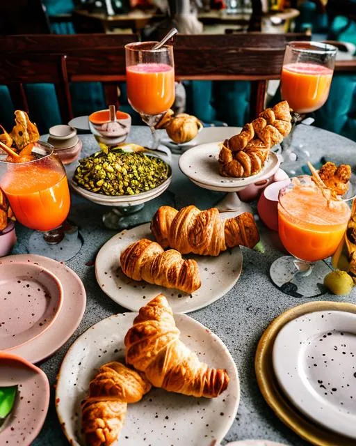 Prompt: A table set with fantastical dishes including colorful juices in test tubes, exotic puffed rice towers, and speckled mushroom croissants.