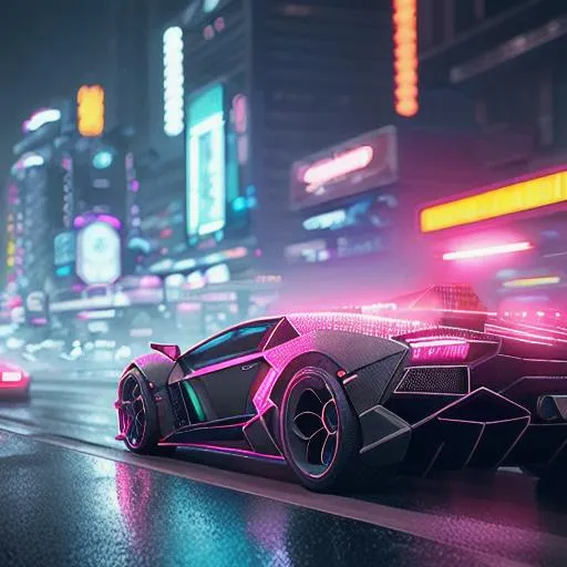 Prompt: professional photo on canon 70 mm, Futuristic Lamborghini speeding in blade runner city, film noir lighting, very detailed by wlop and artgerm and beeple and ilya kuvshinov, side shot of object, highly detailed, speeding on road, neon lights, octane render, unreal engine 5, 8k