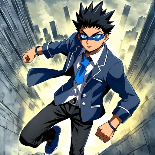 Prompt: anime, indian superboy

Age: 14

Appearance:

Hair: Short, spiky black hair with a slight blue tint.
Eyes: Bright blue with mask , full of determination.
Build: Lean but athletic, standing at about 5'5".
Clothing: Wears a stylish school uniform—dark blazer, white shirt, and black pants. In his hero form, he dons a sleek, blue and silver suit with a high collar, equipped with lightweight armor for agility.
Personality: