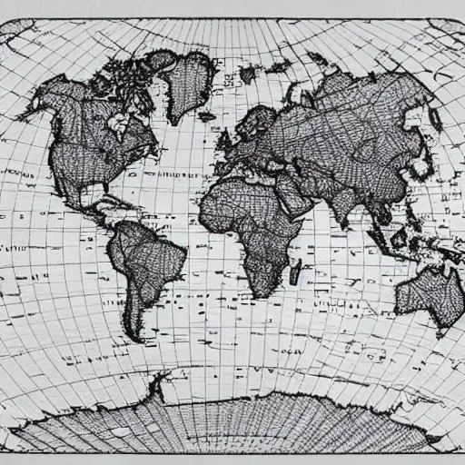 Prompt: Create 1960s visual line map of whale migration, then over top of that line add a layer that is a line map of bird migration across the world. This map should be minimal and use only 2 colors. The colors should look vintage and the line of the linear map should be bold yet fragile. minimalism styled