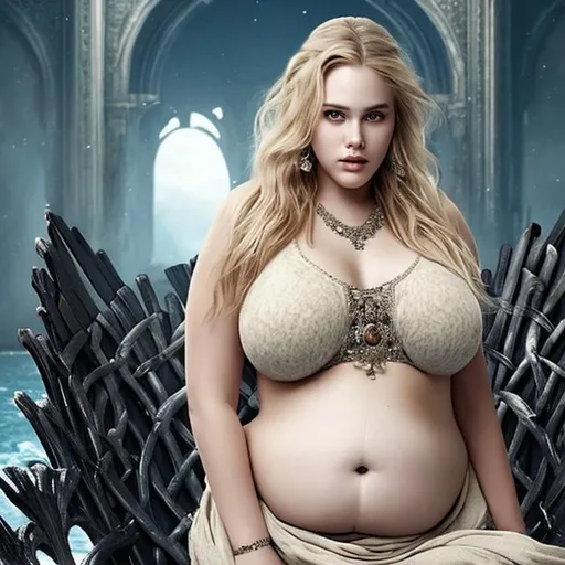 Prompt: fat, female, model, blonde hair, beautiful face, beautiful pose, in throne, without clothes, huge belly showing