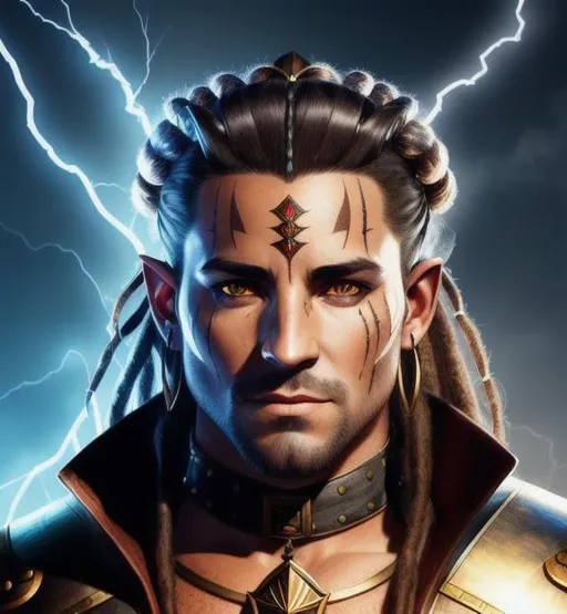 Prompt: ultra detailed half body shot, photorealistic, 4k, high quality cell shaded illustration, male tiefling, deep scars on the left side of his face wearing shamanistic medieval leather armor, Warhammer fantasy, earthen hair in dreadlocks, eyes glowing with lightning, accurate anatomy, symmetrical face, sharp focus, smooth