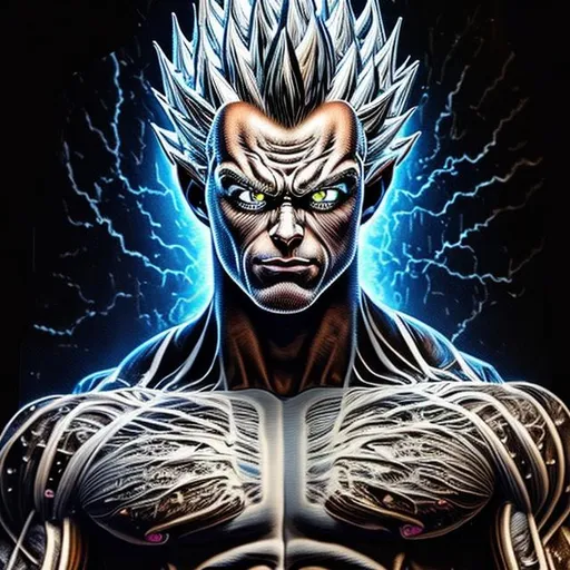 Prompt: 64K masterpiece intricate hyperdetailed breathtaking 3D glowing black oil painting medium portrait of vegeta, black trousers, intricate hyperdetailed muscular body, intricate hyperdetailed muscles, glowing white light reflection on the muscles, hyperdetailed intricate hard standing glowing hair, hyperdetailed glowing angry white eyes, detailed face, white glowing muscles, white glowing body, tan glowing skin, semi-polaroid monochrome photography, hyperdetailed complex, character concept, hyperdetailed intricate glowing shining glamorous white water drop floating in the air, very angry, intricate glowing light reflection, intricate hyperdetailed glowing iridescent reflection, strong glowing white light on the hair, contrast white head light, hyperdetailed very strong colored shadowing very strong colored muscle shadow, professional award-winning photography, maximalist photo illustration 64k, resolution High Res intricately detailed, impressionist painting, yellow color splash, illustration, key visual, panoramic, cinematic, masterfully crafted, 8k resolution, stunning, ultra detailed, expressive, hypermaximalist, UHD, HDR, UHD render, 3D render, 64K, hyperdetailed intricate watercolor mix oil painting on the body, Toriyama Akira colored cyberpunk 2077 city skline backround