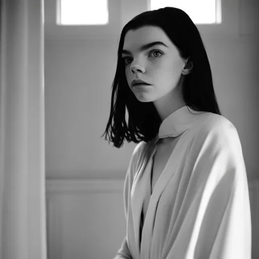 Prompt: monochrome, anya taylor-joy, beautiful, pale, white, tall, skinny, anorexic, black robe, gold details