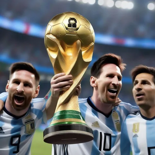 Prompt: make Lionel Messi
  win a world cup and celebrate with the Argintina
 boys soccer national team holding the fifa world cup trophy









