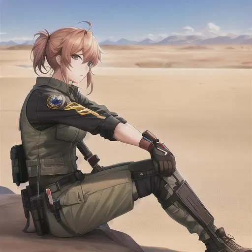 Prompt: A New California republic Ranger perched in wait of their target in the desert 