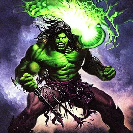 Prompt: acidabyss green incredible hulk fighting demons in diablo