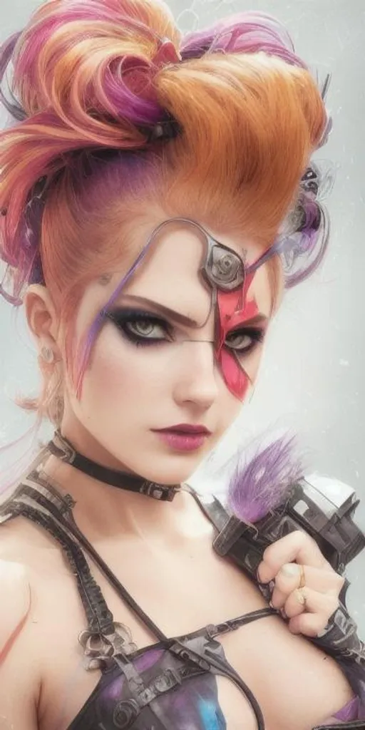 Prompt: Beautiful face, Cyberpunk femme fatale, heels, swords, dark, colorful, mad scientist 