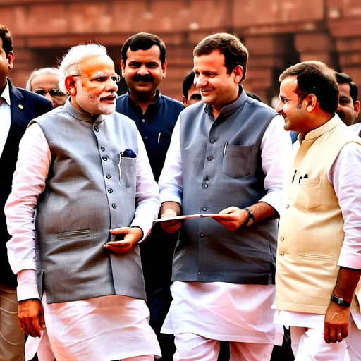 Prompt: A nice photo of Modi with kejriwal on right and Rahul Gandhi on left going in lokh sabhadoodle and only one modi