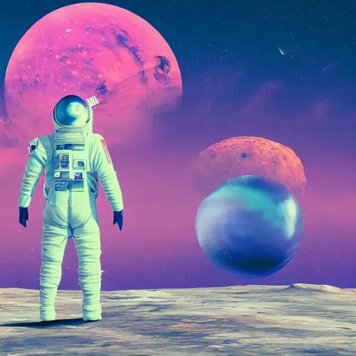Prompt: a man in a space suit standing in front of a red planet, inspired by Mike "Beeple" Winkelmann, cg society contest winner, retrofuturism, vaporwave pixel sorting, retro pink synthwave style, looking out into space, retro and 1 9 8 0 s style