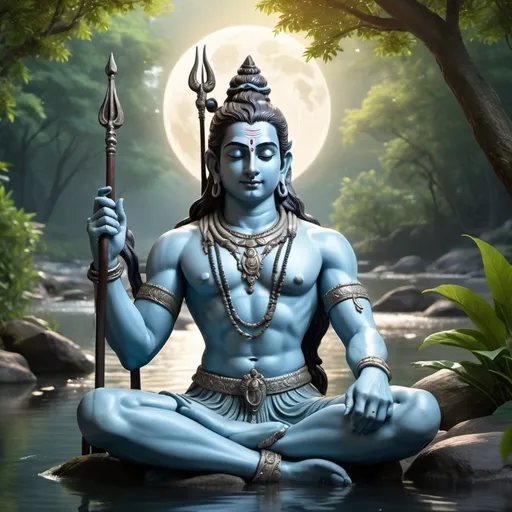 Prompt: A young Lord Shiva with light blue skin, matted hair in a topknot, and a crescent moon on his head, sitting peacefully by a river with a small trident in hand.