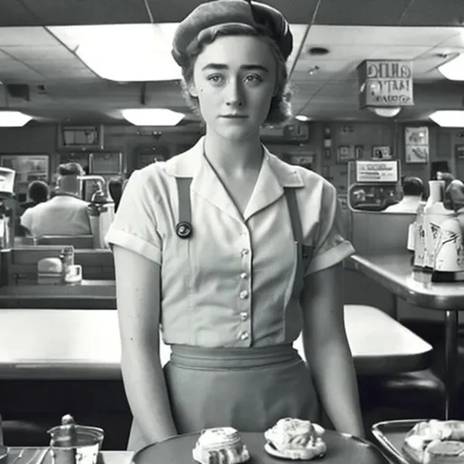 Prompt: Saoirse Ronan as a 1950s era waitress at a local diner.