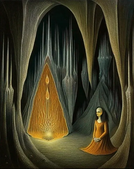 Prompt: "((UnderWorld Magic))" at midnight, in a mystical underground chamber filled with glowing crystals. The scene exudes otherworldly enchantment. In the style of Remedios Varo