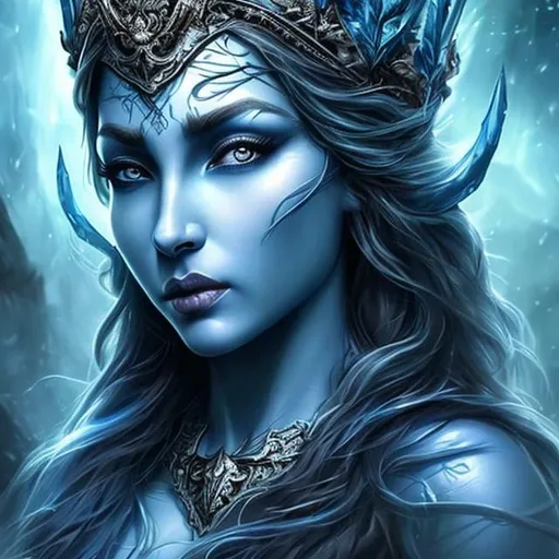 Prompt: Blue goddess of the dark forest beautiful hyper realistic face features hyper detailed forehead crown