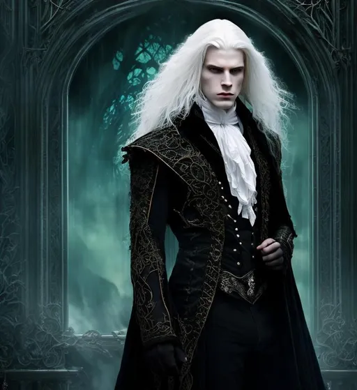 Prompt:  8K, HD, 3D, portrait of wicked dark wizard, albino male, beautiful face, handsome male, dynamic pose,pale beautiful face, grey stunning eyes, delicate face, extra long white straight hair, elegant green wizard clothes, intricate, detailed, charming male, light contrast, noble, perfect anatomy, gothic dark room ambient, perfect male beauty, golden ratio
