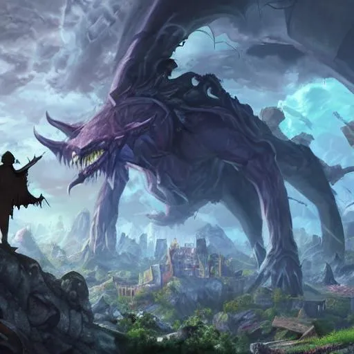 Prompt: character artwork, 8k, deviantart,  gigantic endboss in the background, DND, looks insidious, hyper realistic, small buildings in the foreground, other wordly