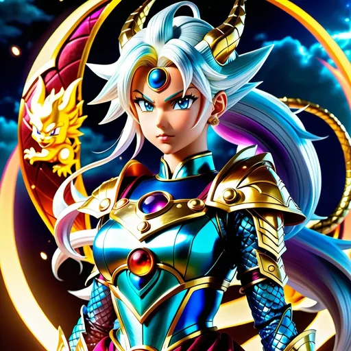 Prompt: Anime illustration of a divine Nordic Victorian dragon ball super warrior woman, perfect body shape, full body view, powerful aura, ethereal beauty, detailed armor and ornate attire, mystical dragon companion, intense and focused gaze, vibrant colors, highres, ultra-detailed, anime, fantasy, powerful, divine, Nordic Victorian, dragon ball super, warrior, detailed armor, mystical dragon, vibrant colors, full body view, ethereal beauty, professional, atmospheric lighting