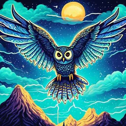 Prompt: flying owl painting | cloudy sky | mountain background | lightning  | neon lighting | bright colours | full shot 