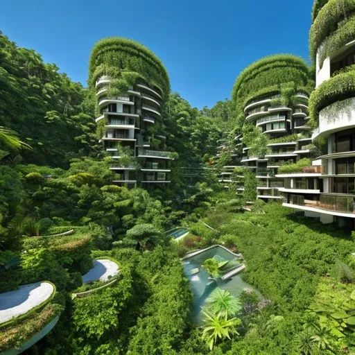 Prompt: Design a beautiful arcology on the ocean shore of a jungle planet, with garden terraces and lots of clean windows, in the style of Star Trek.
