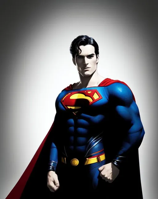 Prompt: Superman, wide aperture, dynamic pose, hands on hips, billowing cape, black and white in the style of Banksy