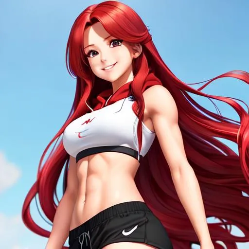 Prompt: extremely realistic, hyperdetailed, extremely long red wavy hair anime girl, deep red blush, smiling happily, wears cropped hoodie, wears dolphins shorts, toned body, showing abs midriff, highly detailed face, highly detailed eyes, full body, whole body visible, full character visible, soft lighting, high definition, ultra realistic, 2D drawing, 8K, digital art